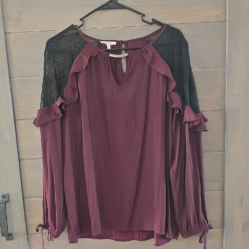Maurices Burgundy and Black Ruffle Blouse